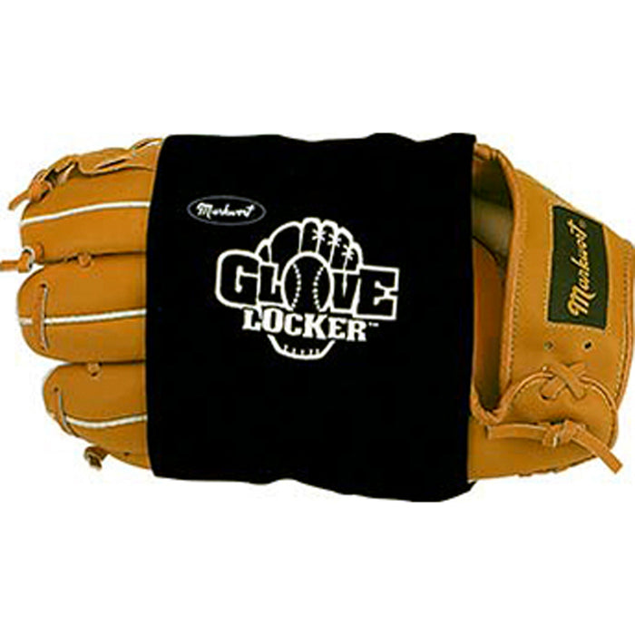 The Markwort Glove Locker: LOCK is a black neoprene glove wrap by Markwort, used to cover the pocket of a tan leather baseball glove to help maintain its shape and assist in baseball glove break-in.