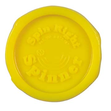 The Markwort Spin Right Spinner Training Softball (SB-YLW 182) is a yellow plastic disc by Markwort, embossed with "Spin Right Spinner," designed to help improve grip and rotation in softball pitching practice.