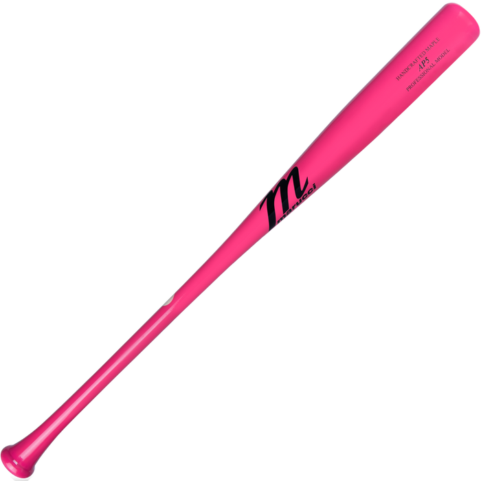 A bright pink Marucci AP5 Pro Model Maple Wood Bat (MVE4AP5) with a black "m" logo and text near the handle, designed for power hitters, is displayed on a plain white background.