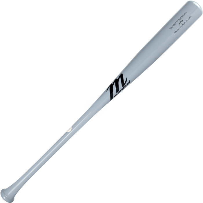 The Marucci AP5 Pro Model Maple Wood Bat: MVE4AP5 is a silver metallic bat with a black M logo and "Model: M271 Professional Model" text on the barrel—perfect for power hitters, shown against a plain white background. Brand: Marucci.