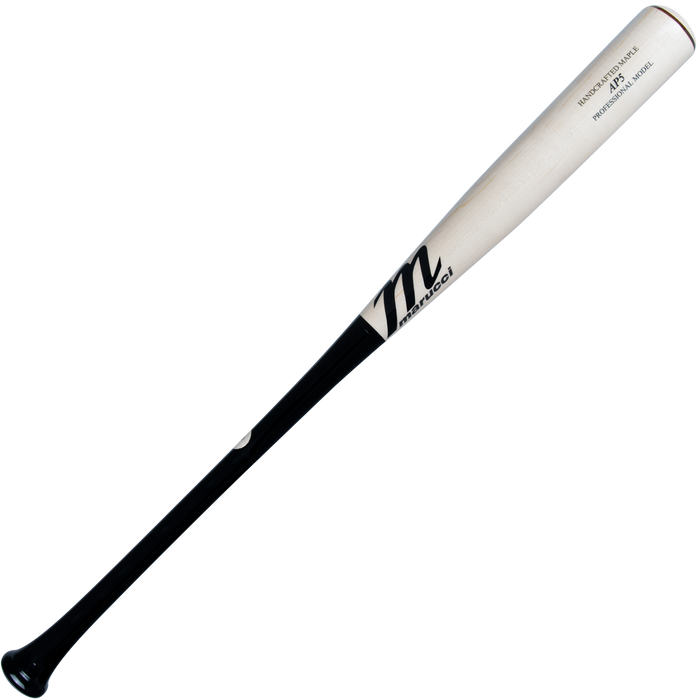 The Marucci AP5 Pro Model Maple Wood Bat: MVE4AP5 features a black handle fading to a natural barrel, with the MARUCCI logo near the top—perfect for power hitters who want classic style.