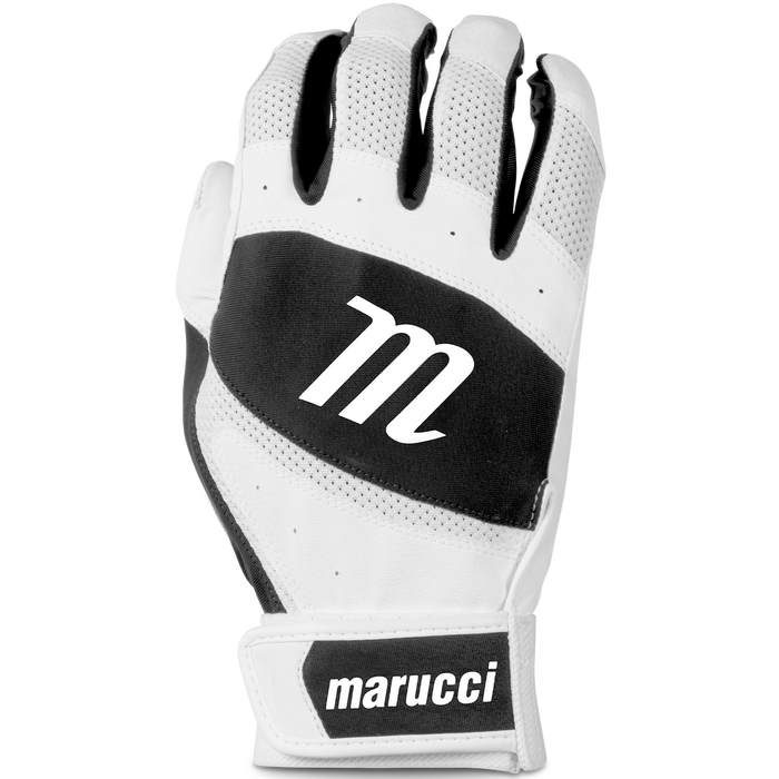 The Marucci Badge Tee Ball Youth Batting Gloves (MBGBAY) feature a white and black design, an "m" on the back, "marucci" on the adjustable wrist strap, and a rubberized palm for enhanced grip.