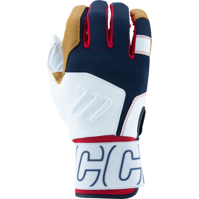 A single Marucci Blacksmith V2 Full Wrap Adult Batting Glove (MBG2BKSM) in navy blue and white, with tan fingertips, red trim, and a large white strap with bold blue letters. Palm side not shown. Perfect for athletes wanting Marucci quality.