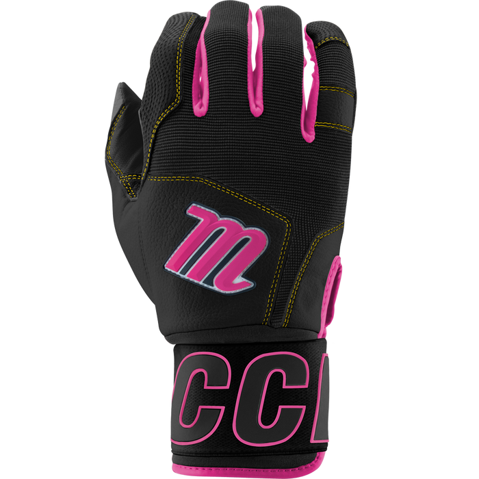 The Marucci Blacksmith V2 Full Wrap Youth Batting Gloves (MBG2BKSMFWY) are durable black training gloves with pink accents, yellow stitching, a goatskin palm, a large M logo, and bold pink letters on the wrist strap.