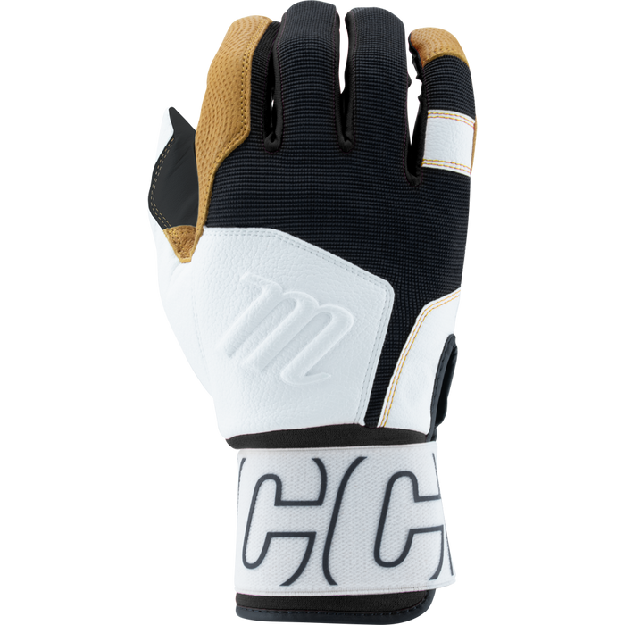 A close-up of a Marucci Blacksmith V2 Full Wrap Adult Batting Glove (MBG2BKSM) shows its black, white, and brown textured fabric, goatskin palm, visible stitching, and wide wrist strap with bold black "CC," palm down on a white background.