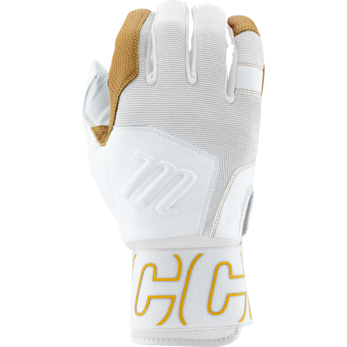 The Marucci Blacksmith V2 Full Wrap Adult Batting Gloves feature a white design with tan accents, a goatskin palm for grip, textured knuckles, and a wrist strap with yellow lettering—built by Marucci for high-performance durability.