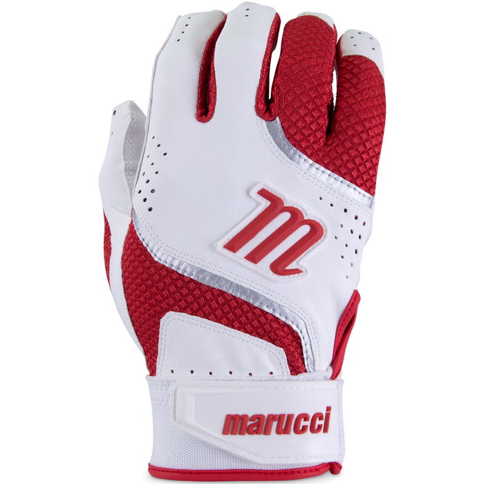 A close-up of the Marucci Code Adult Batting Gloves (MBGCD2) showcases their textured design and comfort, making them ideal for enhanced grip during any sporting activity.