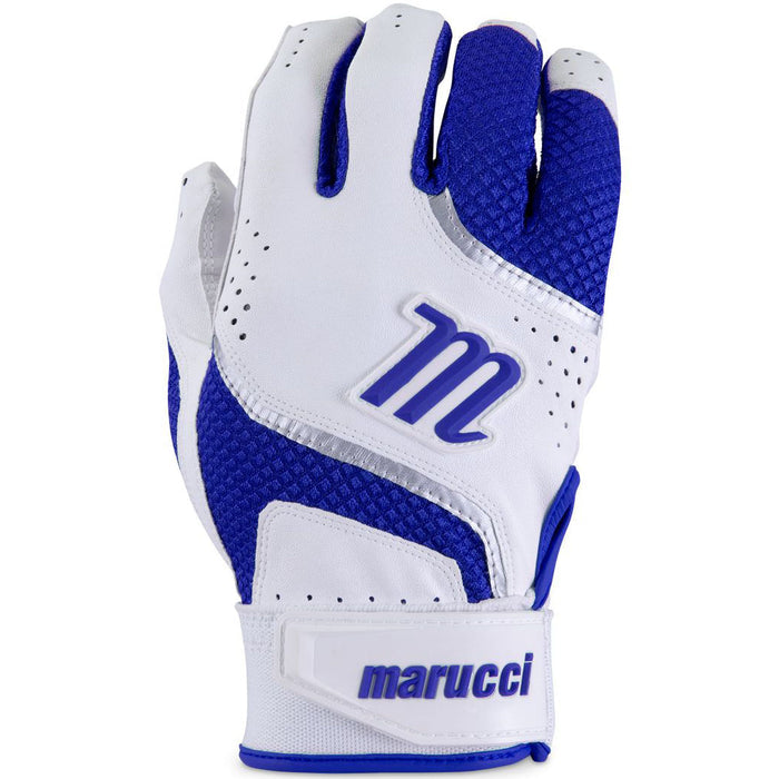 The Marucci Code Adult Batting Gloves: MBGCD2 feature a white and blue textured design, with an M logo on the back and Marucci text on the wrist strap. Shown palm down, they offer a flexible, comfortable fit for batting.
