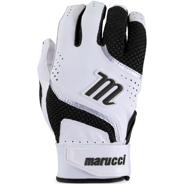 The Marucci Code Youth Batting Gloves (MBGCD2Y) feature a black and white design, leather palm for grip, mesh back for breathability, bold "M" logo on the backhand, and Marucci branding on the adjustable wrist strap.