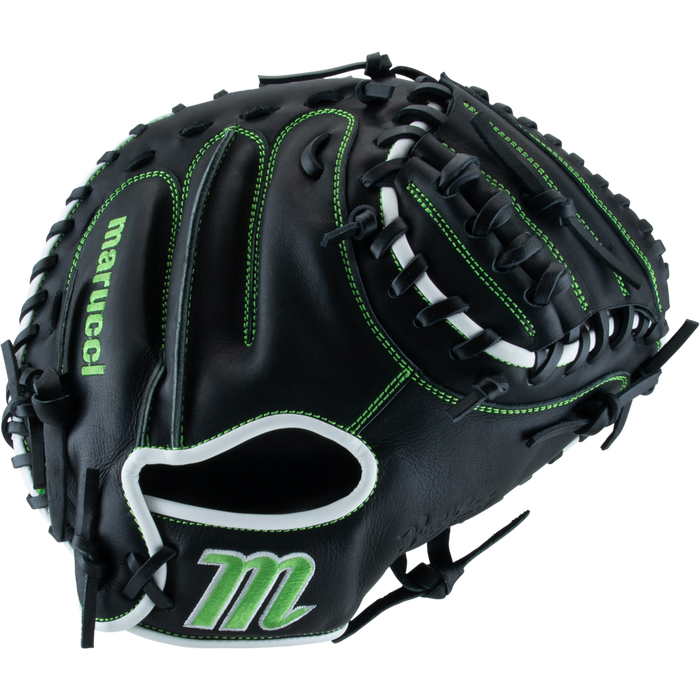 The Marucci Krewe 225C1 32.5" Catcher's Mitt (MFG3KR225C1) features black premium cowhide leather, green stitching and accents, white trim, and Marucci logos on the thumb and wrist for lasting performance.