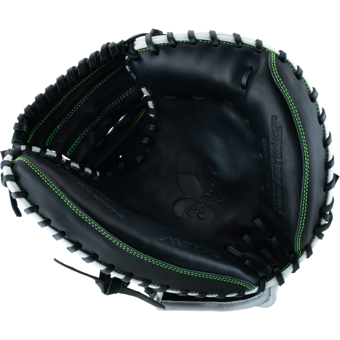 The Marucci Krewe 225C1 32.5" Baseball Catcher's Mitt (MFG3KR225C1) is a black premium cowhide catcher's mitt by Marucci, featuring white laces, green stitching, and an M Type fit system, shown open against a white background.