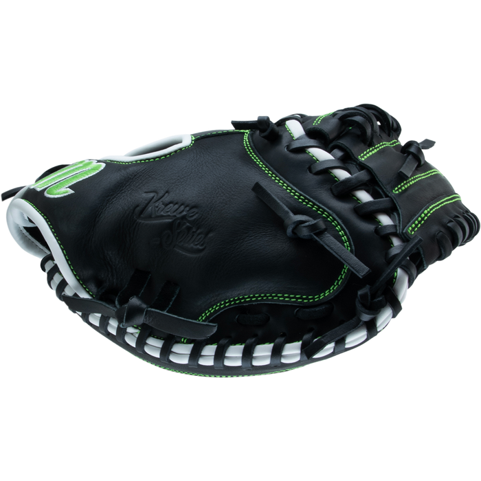 The Marucci Krewe 225C1 32.5" Baseball Catcher's Mitt (MFG3KR225C1) features black cowhide leather with green stitching, white accents, embossed palm branding, the M Type fit system, and an open web design.