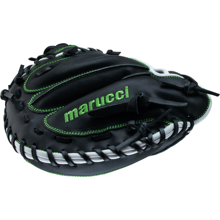 The Marucci Krewe 225C1 32.5" Catcher's Mitt (MFG3KR225C1) features black premium cowhide leather, green stitching and lettering, a webbed pocket, black laces, and the M Type fit system—all set against a white background.