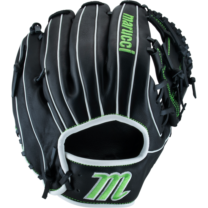 The Marucci Krewe 43A2 11.5" Baseball Glove features a black cowhide leather design with white laces, green accents, a green M logo on the wrist strap, and Marucci branding on the backhand.