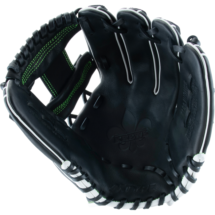The Marucci Krewe 43A2 11.5" Baseball Glove (MFG3KR43A2) features black cowhide leather, white stitching, green accents, detailed finger lacing, and an I-Web—shown open for a clear view of its craftsmanship.