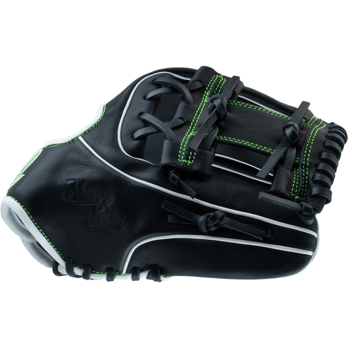 The Marucci Krewe 43A2 11.5" Baseball Glove (MFG3KR43A2) by Marucci features black cowhide leather, green stitching, white piping, and black laces, displayed against a plain white background.