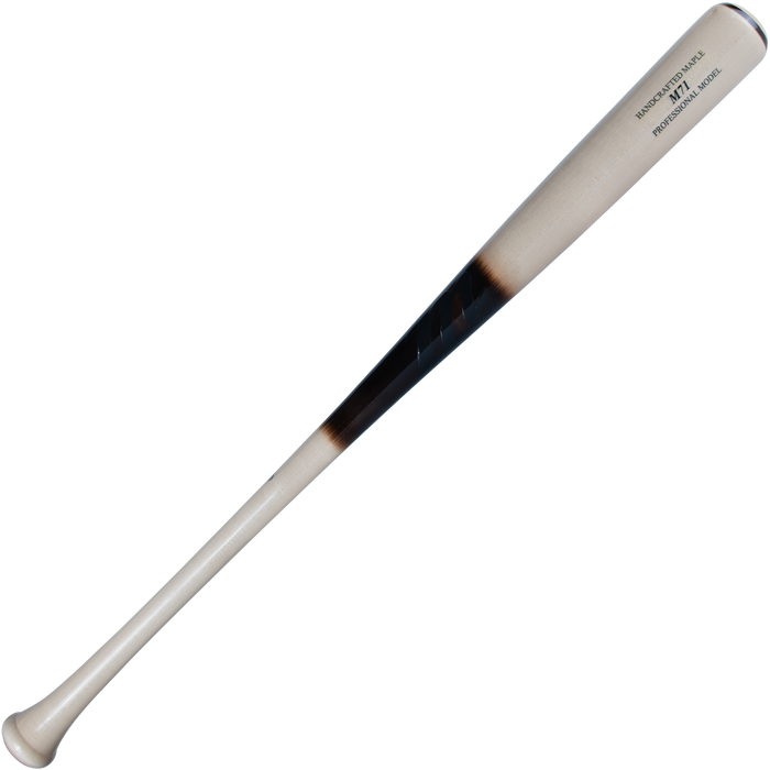The Marucci M71 Pro Model Maple Wood Bat (MVE4M71-TAR) by Marucci features a light natural finish, a black and brown barrel gradient, printed text near the top, and offers hitters a balanced feel.