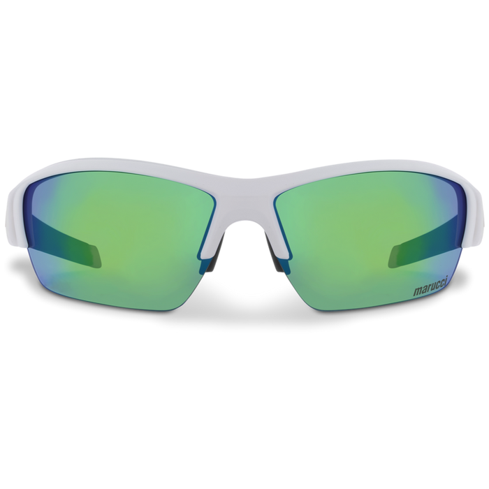 The Marucci MV108 2.0 Performance Sunglasses: MSNV1082 feature a white frame and green mirrored lenses, viewed from the front, with the Marucci logo on the lower right lens—delivering style and performance for athletes.