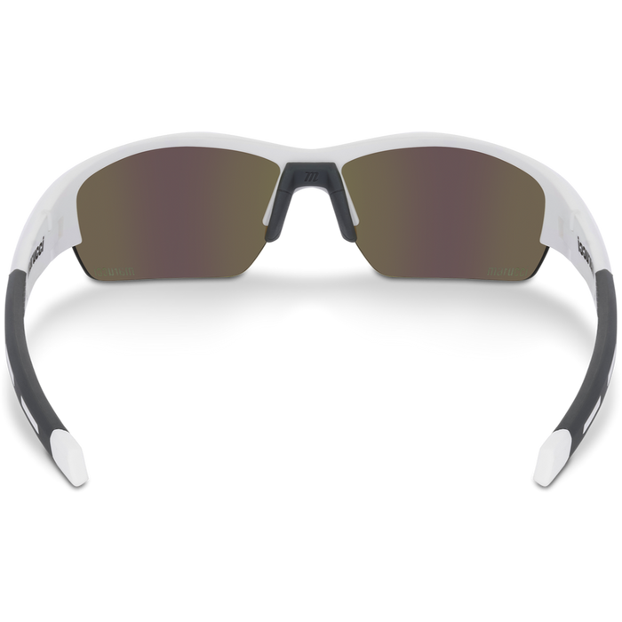 The Marucci MV108 2.0 Performance Sunglasses (MSNV1082) feature a white frame, black-tinted lenses, and black detailing on the arms, shown from the front against a plain background.