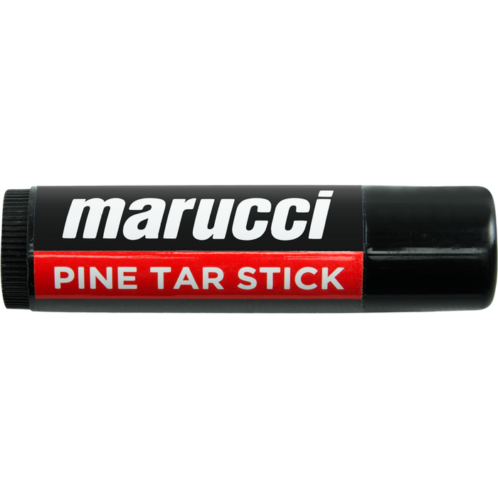 The Marucci Pine Tar Stick: MPINESTK is a black grip enhancer for baseball bats, featuring a red section with "Pine Tar Stick" in white text. Brand: Marucci.
