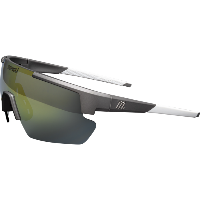 The Marucci Shield 2.0 Performance Sunglasses (MSNVSHIELD2) feature a sleek angular gray frame, white arms, semi-rimless mirrored lenses with Carl Zeiss Vision optics, and display the Marucci brand name on the side.