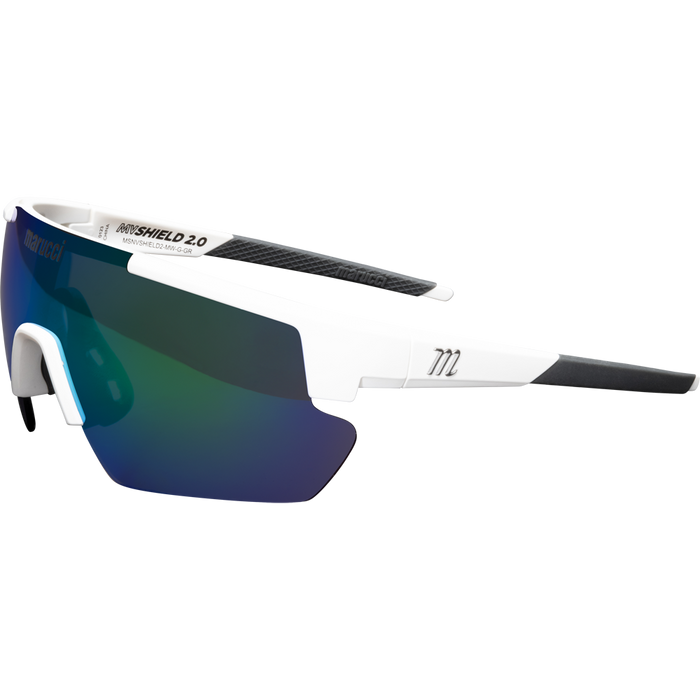 The Marucci Shield 2.0 Performance Sunglasses (MSNVSHIELD2) feature a sporty white frame, a Carl Zeiss Vision blue-green mirrored shield lens, black rubberized temple tips, and a 722 logo—ideal for athletic or cycling use.
