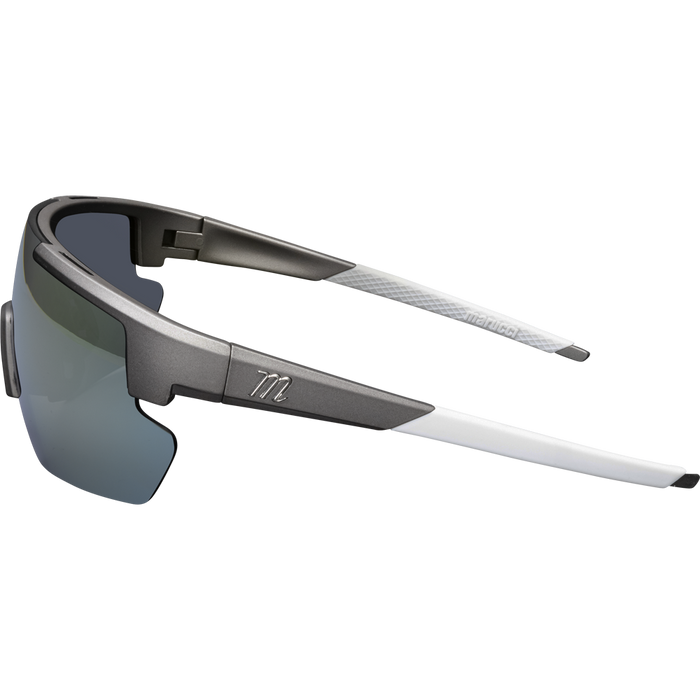 The Marucci Shield 2.0 Performance Sunglasses (MSNVSHIELD2) feature a matte black frame, white arms, and blue-tinted semi-rimless Carl Zeiss Vision lenses, shown on a plain white background.