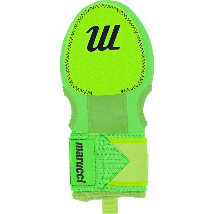 The Marucci Sliding Mitt: MPSLDMITT is a bright green, adjustable neoprene mitt with reinforced stitching, featuring black “Marucci” branding on the strap and a bold black “W” on the padded surface for secure hand protection.