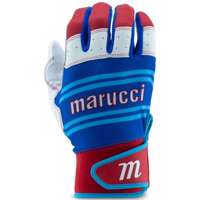 A pair of Marucci Swift Lite Adult Batting Gloves (MBGFZNL) in blue, red, and white is displayed on a plain background, featuring the Marucci brand name across the back.