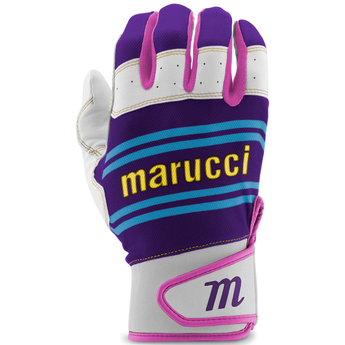 The Marucci Swift Lite Adult Batting Gloves (MBGFZNL) feature genuine leather, a purple, blue, and white design with yellow Marucci text and stylized "M" on the wrist strap. Pink accents outline the glove and wrist for added grip and style.