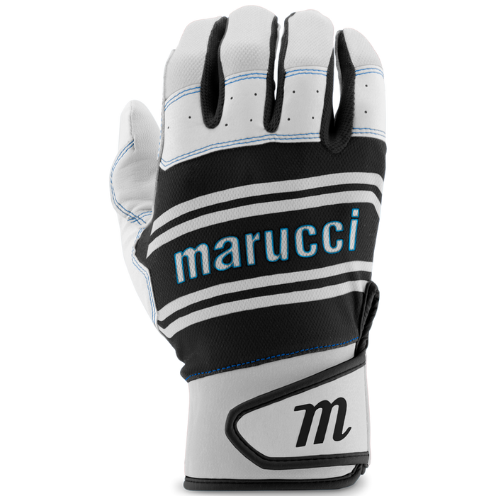 The Marucci Swift Lite Adult Batting Gloves: MBGFZNL are white and black with light blue accents, genuine leather, "marucci" in large letters, and a stylized "m" on the wrist strap.