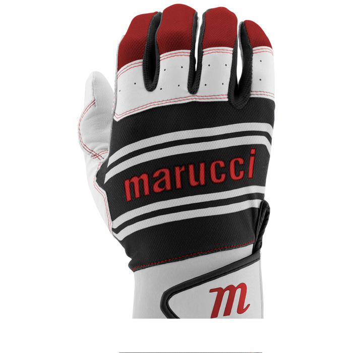 The Marucci Swift Lite Adult Batting Gloves (MBGFZNL) feature genuine leather in red, black, and white, with bold red "Marucci" lettering across the back and a stylized red "M" on the wrist for enhanced grip.