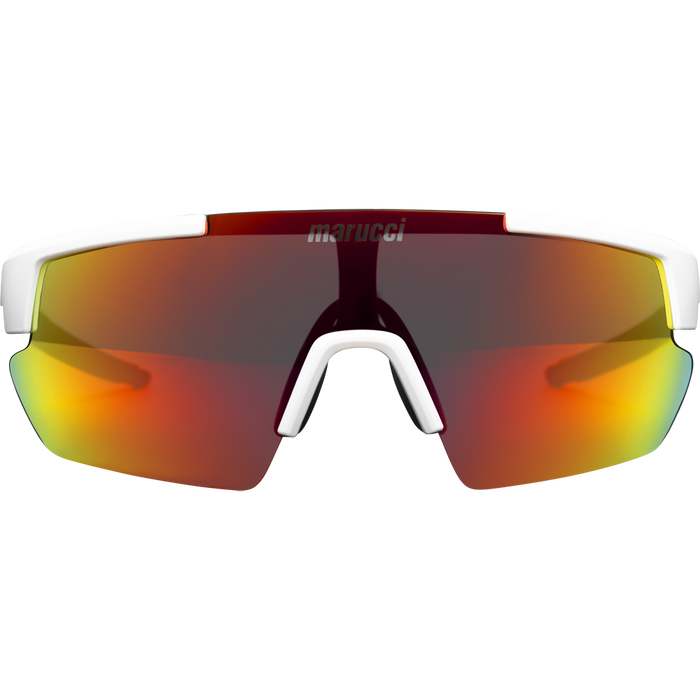 The Marucci Youth Shield 2.0 Performance Sunglasses (MSNVSHIELDY2) feature a white frame and mirrored multicolored lenses with red, orange, and yellow hues; the Marucci brand name appears at the top center of the lens.