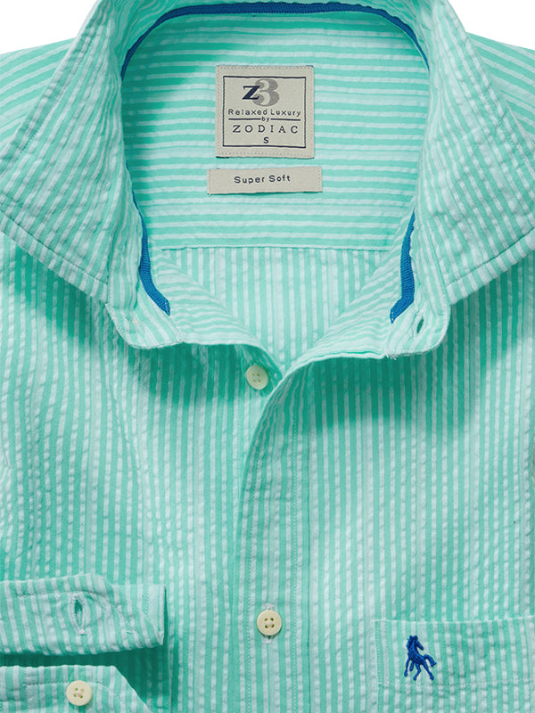 Messi Seersucker Sea Green Striped Full Sleeve Tailored Fit Casual Cotton Shirt