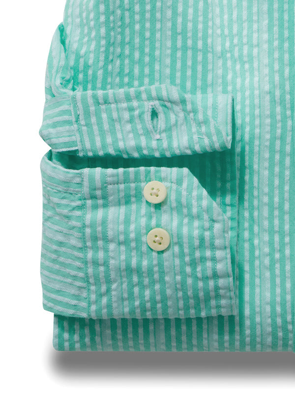 Messi Seersucker Sea Green Striped Full Sleeve Tailored Fit Casual Cotton Shirt