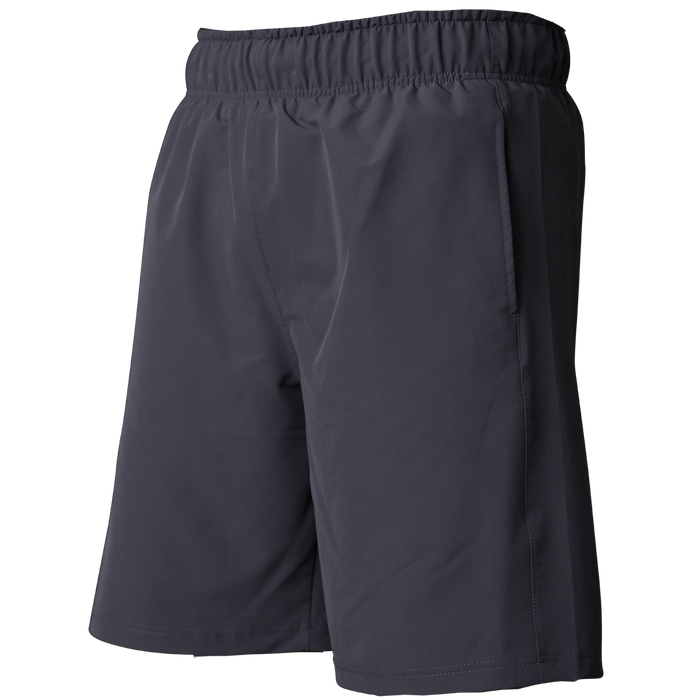The Miken Men's Slowpitch Shorts: MSPSM20 feature a breathable poly-spandex blend, elastic waistband, and side pockets. These dark gray shorts by Miken are displayed against a plain white background.