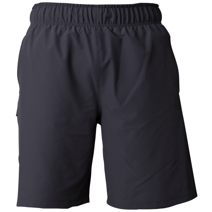 Miken Men's Slowpitch Shorts (MSPSM20) by Miken are plain black poly-spandex athletic shorts with an elastic waistband, shown against a white background.