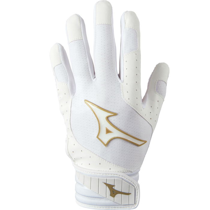 The Mizuno Finch Girls's (Youth) Batting Gloves: 330428, shown palm down on a light background, feature a white design with gold logo details and the Mizuno ShockPalm for enhanced grip.