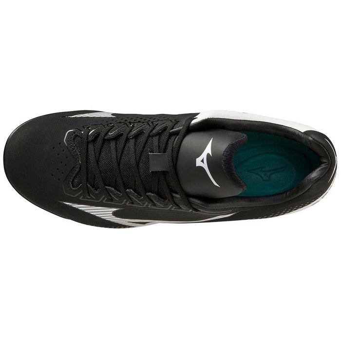 Top view of a black Mizuno Finch Lightrevo Junior Girl's Molded Cleat (320666) with black laces, a white Mizuno logo on the tongue, and a green insole featuring an embossed Mizuno logo. Inspired by Jennie Finch.