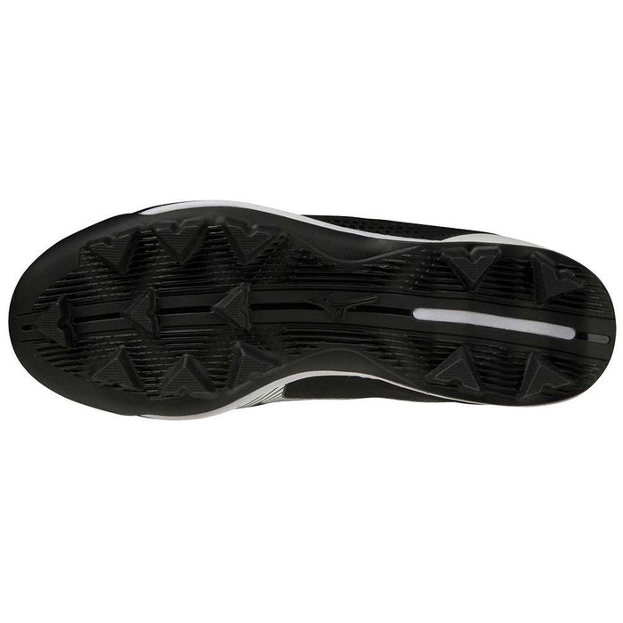 The Mizuno Finch Lightrevo TPU Women's Molded Fastpitch Softball Cleats (320665) feature a black and white sole with multiple triangular cleats for superior grip—perfect for softball players seeking traction, inspired by Jennie Finch.