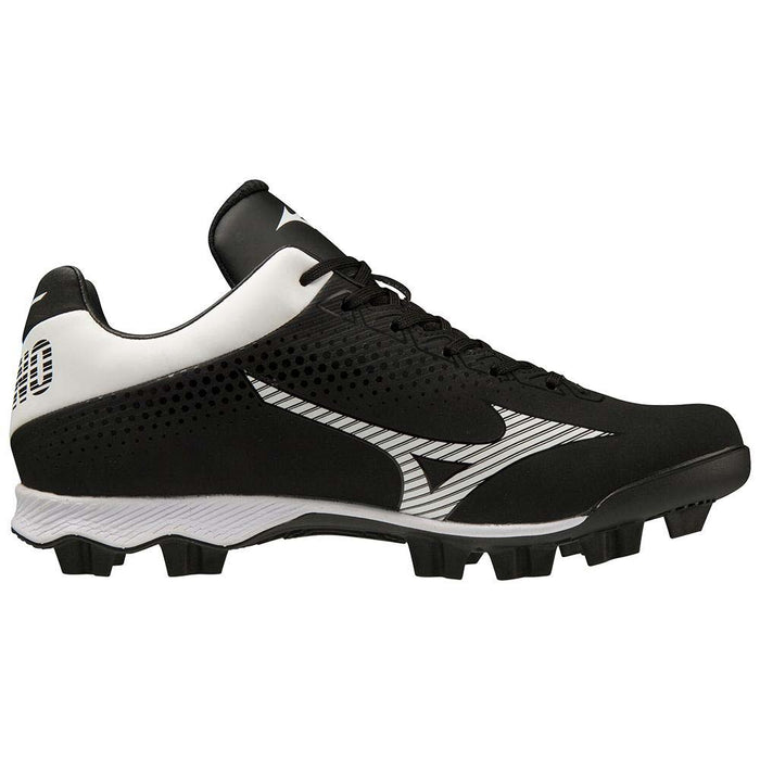 The Mizuno Finch Lightrevo TPU Women's Molded Fastpitch Softball Cleats (320665) have a black and white design with a white sole, black laces, side Mizuno logo, and molded studs for traction—inspired by Jennie Finch.