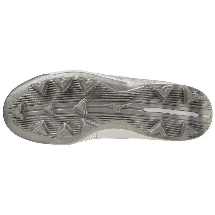 The image displays the underside of the Mizuno Finch Lightrevo TPU Women's Molded Fastpitch Softball Cleats (320665), featuring a translucent sole with multiple triangular cleats and a textured pattern for enhanced traction.