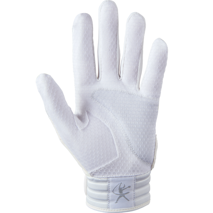 The Mizuno Finch Women's Batting Glove (330427) is a white softball glove with a textured grip and FlexMesh, seen from the palm side, and features a small stitched deer antler logo on the wrist strap.