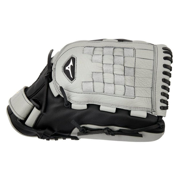 The Mizuno Franchise 13" Fastpitch Glove (GFN1300F5) features black and gray full-grain leather, a woven web design, and a visible Mizuno logo on the back—ideal for female athletes. The glove is shown palm down.
