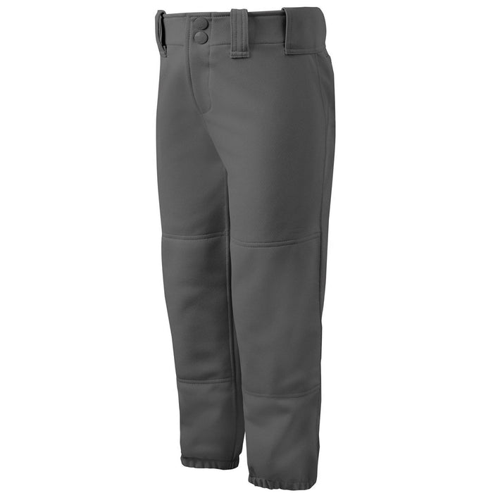 The Mizuno Girl's Belted Fastpitch Softball Pants (350462) by Mizuno feature belt loops, double button closure, reinforced knees, and elastic cuffs—durable gray pants for softball, shown against a white background.