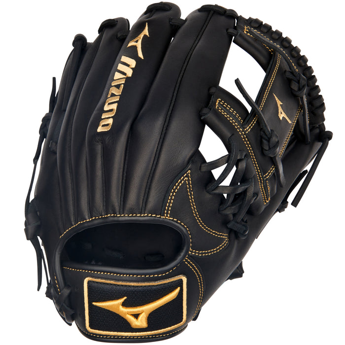 The Mizuno MVP Prime 11.5" Baseball Glove (GMVP1151P4) features black Bio Soft Leather, gold stitching and logos, an open web design, and an adjustable strap.