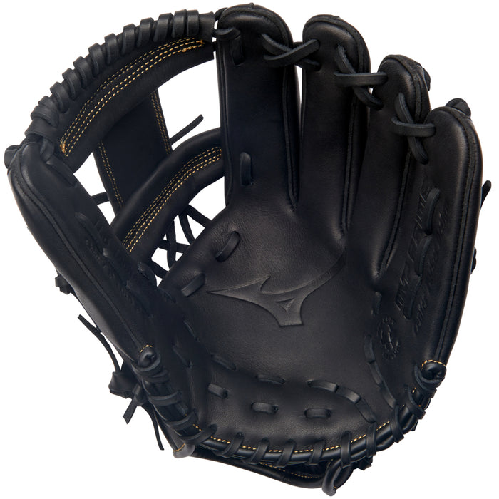 The Mizuno MVP Prime 11.5" Baseball Glove: GMVP1151P4 (313053) showcases visible stitching and laces, and is crafted from Bio Soft Leather with its interior pocket and palm area on display.