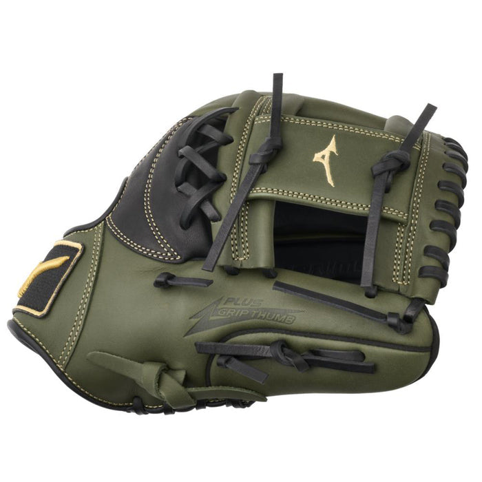 The Mizuno MVP Prime 11.5" Baseball Glove (GMVP1154P4) features an olive green and black design with Bio Soft Leather, black laces, gold stitching, and a gold Mizuno logo on the thumb and back.