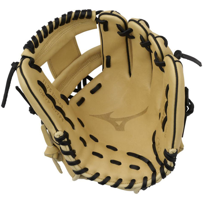The Mizuno MVP Prime 11.75" Baseball Glove (GMVP1177P4) features tan Bio Soft Leather, black laces, and an embroidered palm logo, displayed open with its inner side facing the viewer.