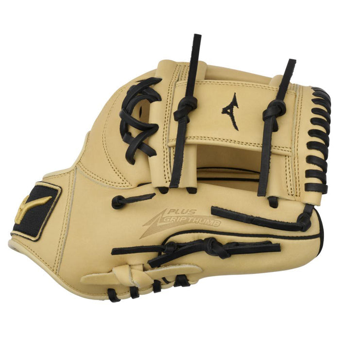 The Mizuno MVP Prime 11.75" Baseball Glove (GMVP1177P4) features tan Bio Soft Leather, black laces, a logo on the wrist strap and back, and PLUS GRIP THUMB printed on the palm.